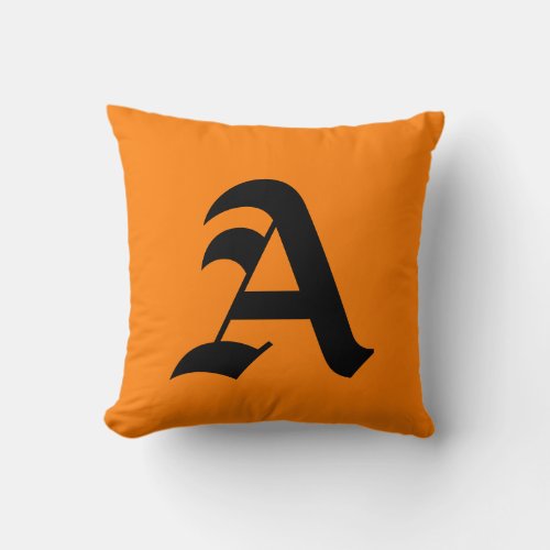 Solid Citrus Orange Simple Black Initial Monogram Throw Pillow