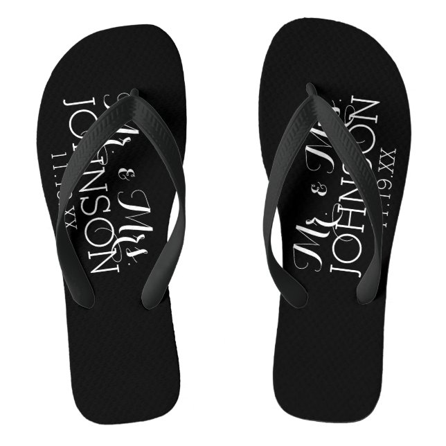 Solid Color Black Mr & Mrs Wedding Memento Flip Flops (Footbed)