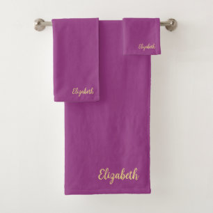 Solid Color Bordeaux Gold Handwritten Name Custom Bath Towel Set