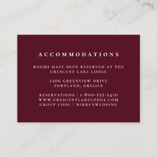 Solid Color Burgundy Red Wedding Accommodations Enclosure Card
