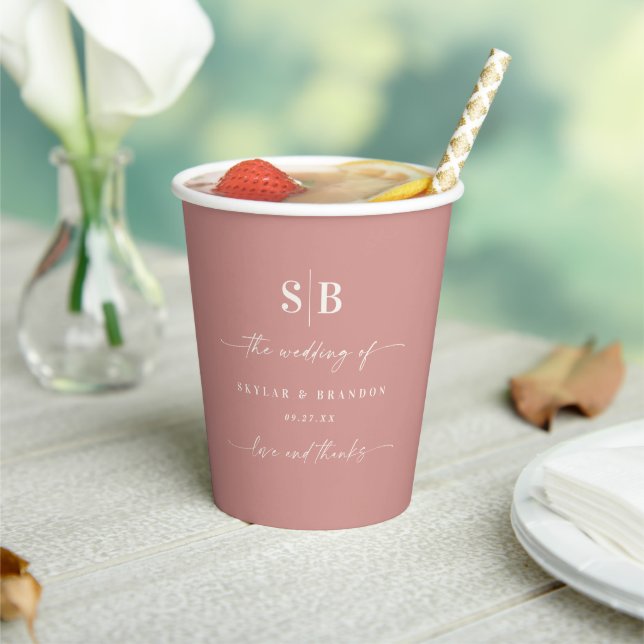 Solid Color Dusty Rose Pink Monogrammed Wedding Paper Cups (Insitu)