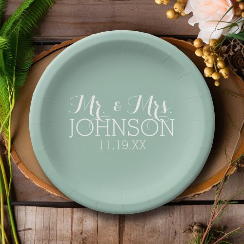 Solid Color Mint Green _ Mr  Mrs Wedding Favors Paper Plates