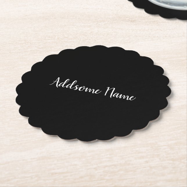 Solid Color Modern Basic Black Monogrammed Paper Coaster (Angled)