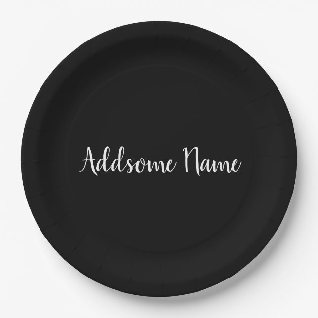 Solid Color Modern Basic Black Monogrammed Paper Plates (Front)
