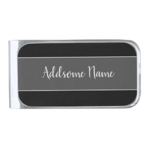 Solid Color Modern Basic Black Monogrammed Silver Finish Money Clip