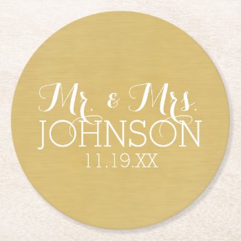 Solid Color Mr & Mrs Wedding Or Anniversary Favor Round Paper Coaster by JustWeddings at Zazzle