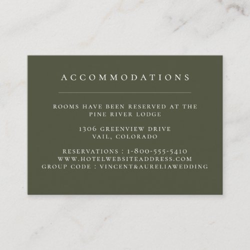 Solid Color Olive Green Wedding Accommodations Enclosure Card