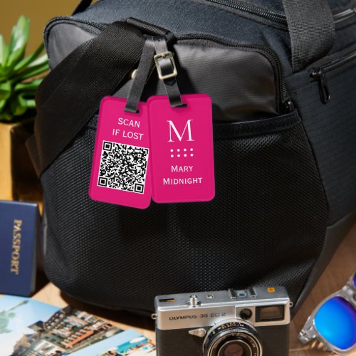  Solid Color QR code Scan if lost Neon Pink  Luggage Tag