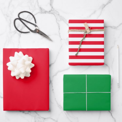 Solid Color Red Green with Red and White Stripes Wrapping Paper Sheets