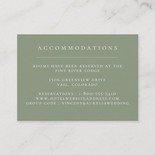 Solid Color Sage Green Wedding Accommodations Enclosure Card (Front)