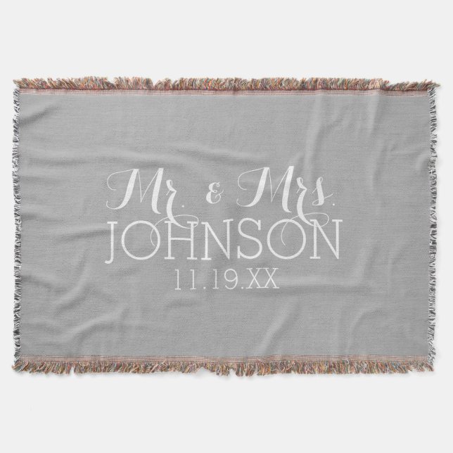 Solid Color Silver - Mr & Mrs Wedding Favors Throw Blanket (Front)
