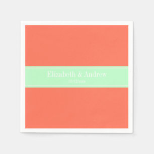 Solid Coral, Mint Ribbon Name Monogram Paper Napkins
