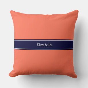 Solid Coral, Navy Blue Ribbon Name Monogram Throw Pillow