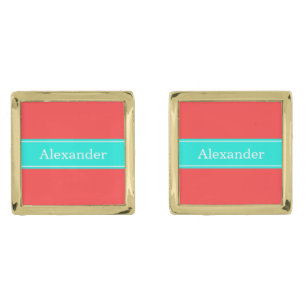 Solid Coral Red, Bright Aqua Ribbon Name Monogram Cufflinks