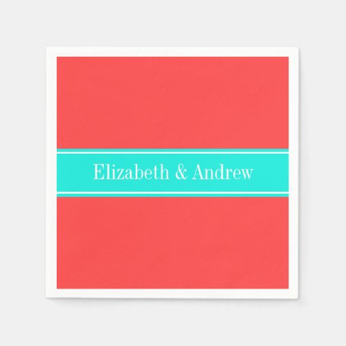 Solid Coral Red Bright Aqua Ribbon Name Monogram Paper Napkins