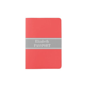 Solid Coral Red, Dark Gray Ribbon Name Monogram Passport Holder
