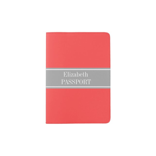 Solid Coral Red, Dark Gray Ribbon Name Monogram Passport Holder (Front)