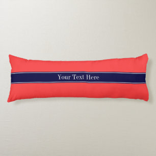 Solid Coral Red, Navy Blue Ribbon Name Monogram Body Pillow