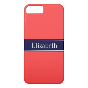Solid Coral Red, Navy Blue Ribbon Name Monogram iPhone 8 Plus/7 Plus Case