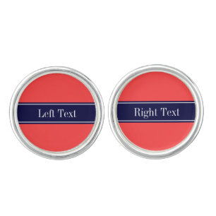 Solid Coral Red, Navy Blue Ribbon Name Monogram Cufflinks