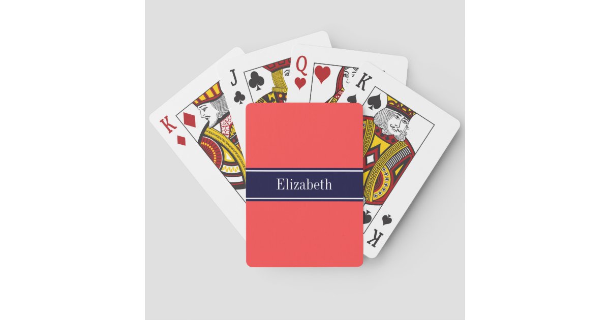 Solid Coral Red Navy Blue Ribbon Name Monogram Playing Cards Zazzle Com