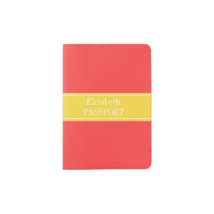 Solid Coral Red, Pineapple Ribbon Name Monogram Passport Holder
