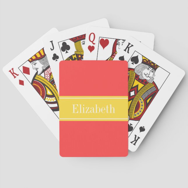 Solid Coral Red, Pineapple Ribbon Name Monogram Poker Cards (Back)