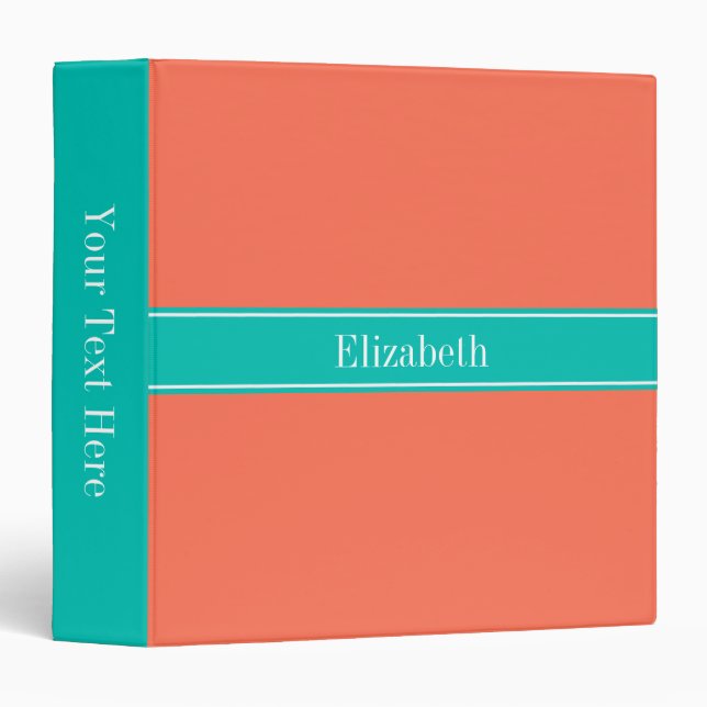 Solid Coral, Teal Ribbon Name Monogram Binder (Front/Spine)