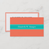 Solid Coral, Teal Ribbon Name Monogram Business Card (Front/Back)