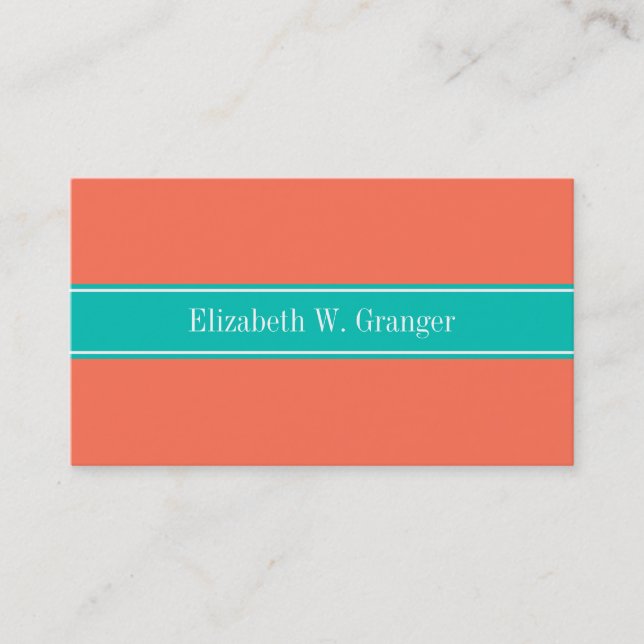Solid Coral, Teal Ribbon Name Monogram Business Card (Front)
