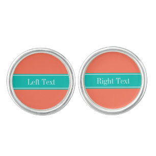 Solid Coral, Teal Ribbon Name Monogram Cufflinks