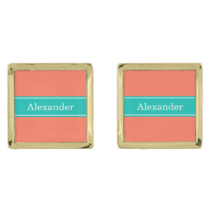 Solid Coral, Teal Ribbon Name Monogram Gold Cufflinks