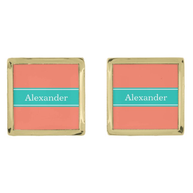 Solid Coral, Teal Ribbon Name Monogram Gold Cufflinks (Front)