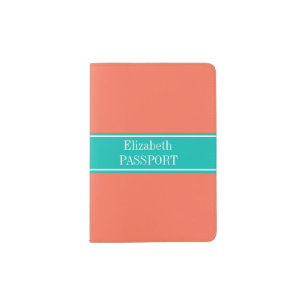 Solid Coral, Teal Ribbon Name Monogram Passport Holder