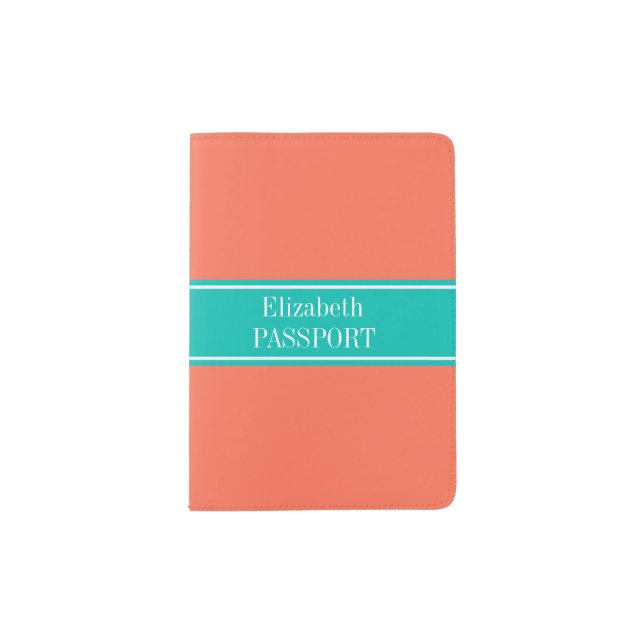 Solid Coral, Teal Ribbon Name Monogram Passport Holder (Front)