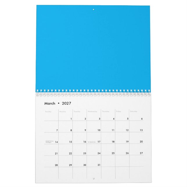 Solid Cyan Blue Background | Summer Minimal Style Calendar (Mar 2027)
