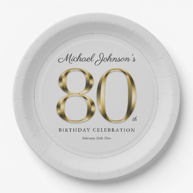 Solid Gold 80th Eightieth Text Light Gray Elegant Paper Plates (Front)