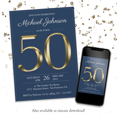 Solid Gold Navy Blue Classy 50th Birthday Party Invitation