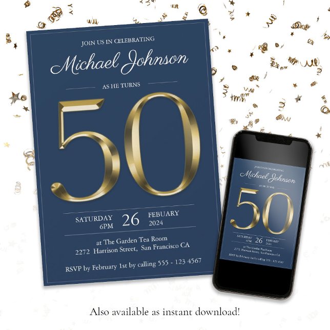Solid Gold Navy Blue Classy 50th Birthday Party Invitation (Solid Gold 50th Birthday Navy Blue Classy Party Invitation)