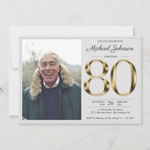 Solid Gold Text Gray Classy Photo 80th Birthday  Invitation