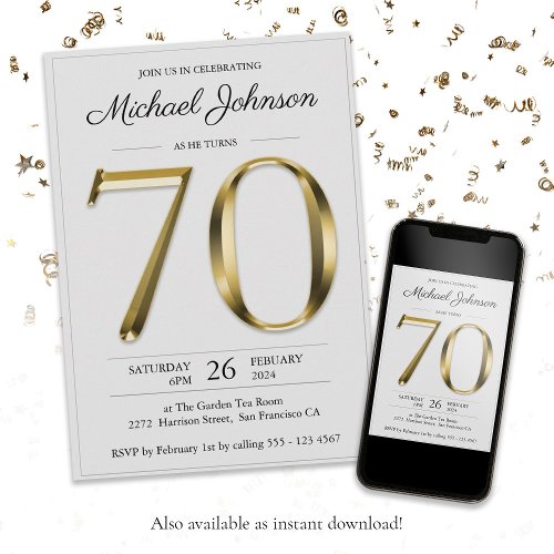 Solid Gold Text Gray Simple Classy 70th Birthday Invitation