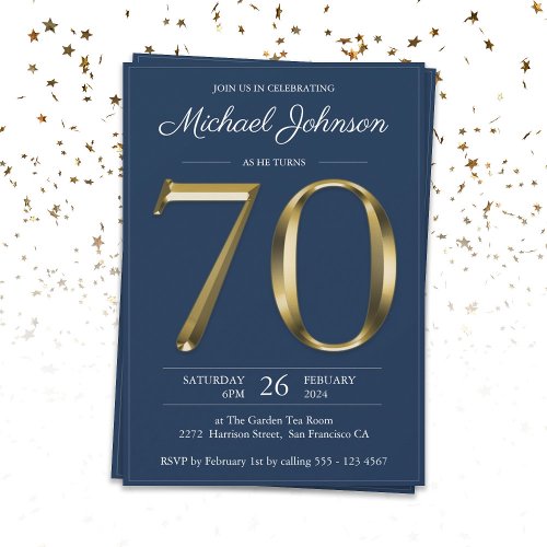 Solid Gold Text Navy Blue Classy 70th Birthday  Invitation