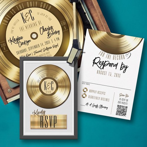 Solid Gold Vinyl Record Plaque Wedding Invite RSVP