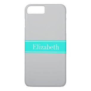 Solid Gray, Bright Aqua Ribbon Name Monogram iPhone 8 Plus/7 Plus Case