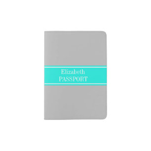 Solid Gray, Bright Aqua Ribbon Name Monogram Passport Holder