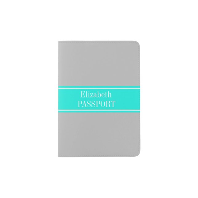Solid Gray, Bright Aqua Ribbon Name Monogram Passport Holder (Front)