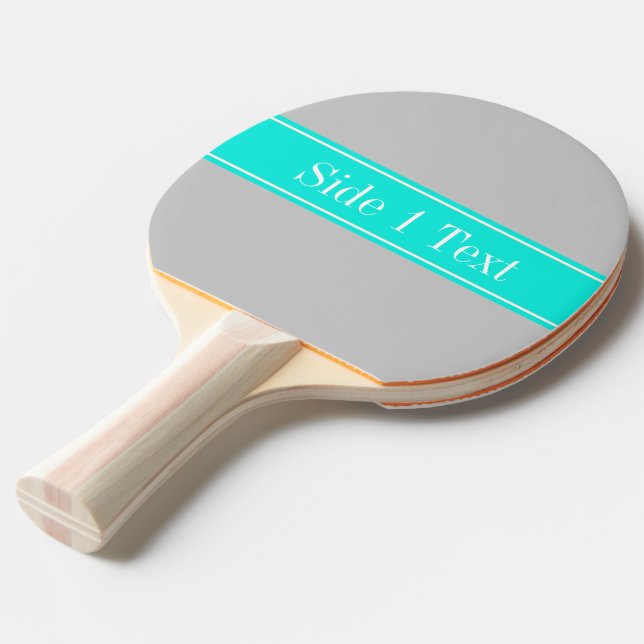 Solid Gray, Bright Aqua Ribbon Name Monogram Ping-Pong Paddle (Front Angle)