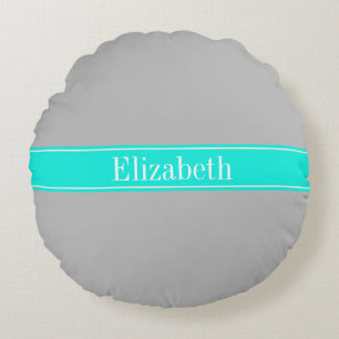 Solid Gray, Bright Aqua Ribbon Name Monogram Round Pillow