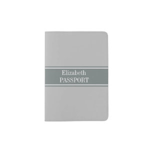 Solid Gray, Charcoal Gray Ribbon Name Monogram Passport Holder