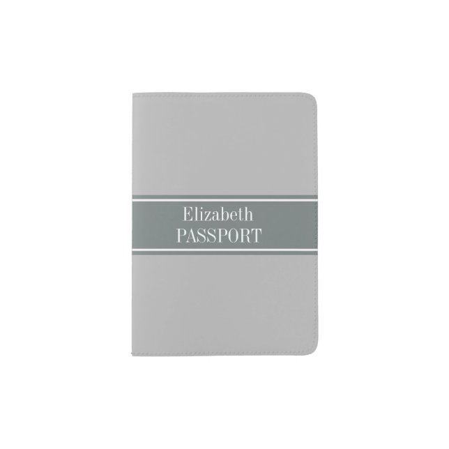 Solid Gray, Charcoal Gray Ribbon Name Monogram Passport Holder (Front)